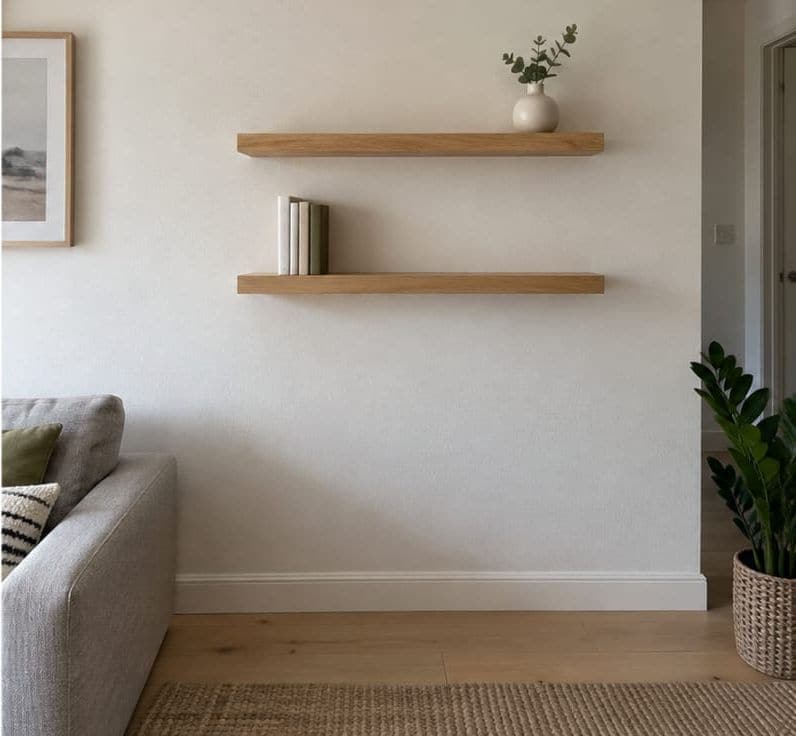 Two wooden floating shelves fitted on a living-room wall